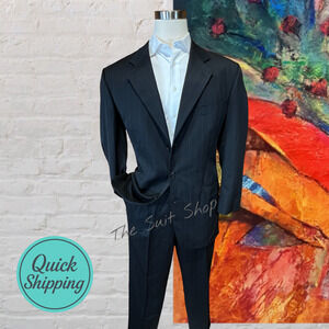 Kasper Mens 44L 35x29 Black Banker's Stripe Suit Virgin Wool 3/2 Roll